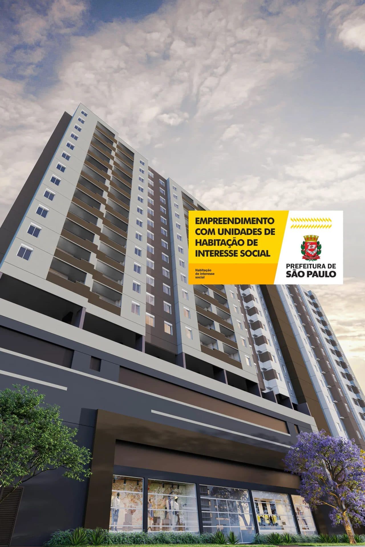 Vista externa da fachada de edifício alto com varandas e térreo comercial.