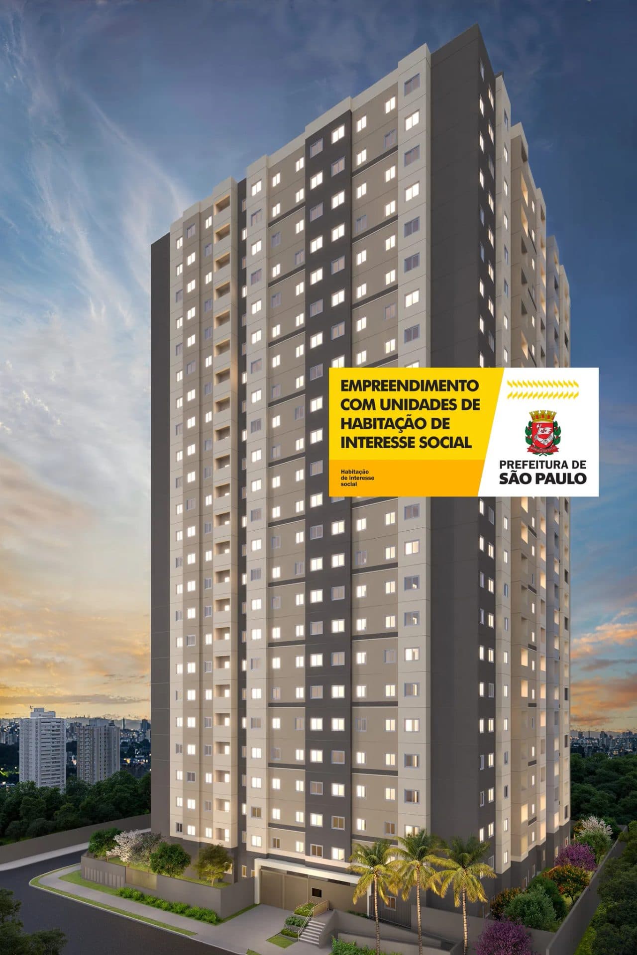 Vista externa da torre residencial com múltiplos andares e janelas iluminadas.