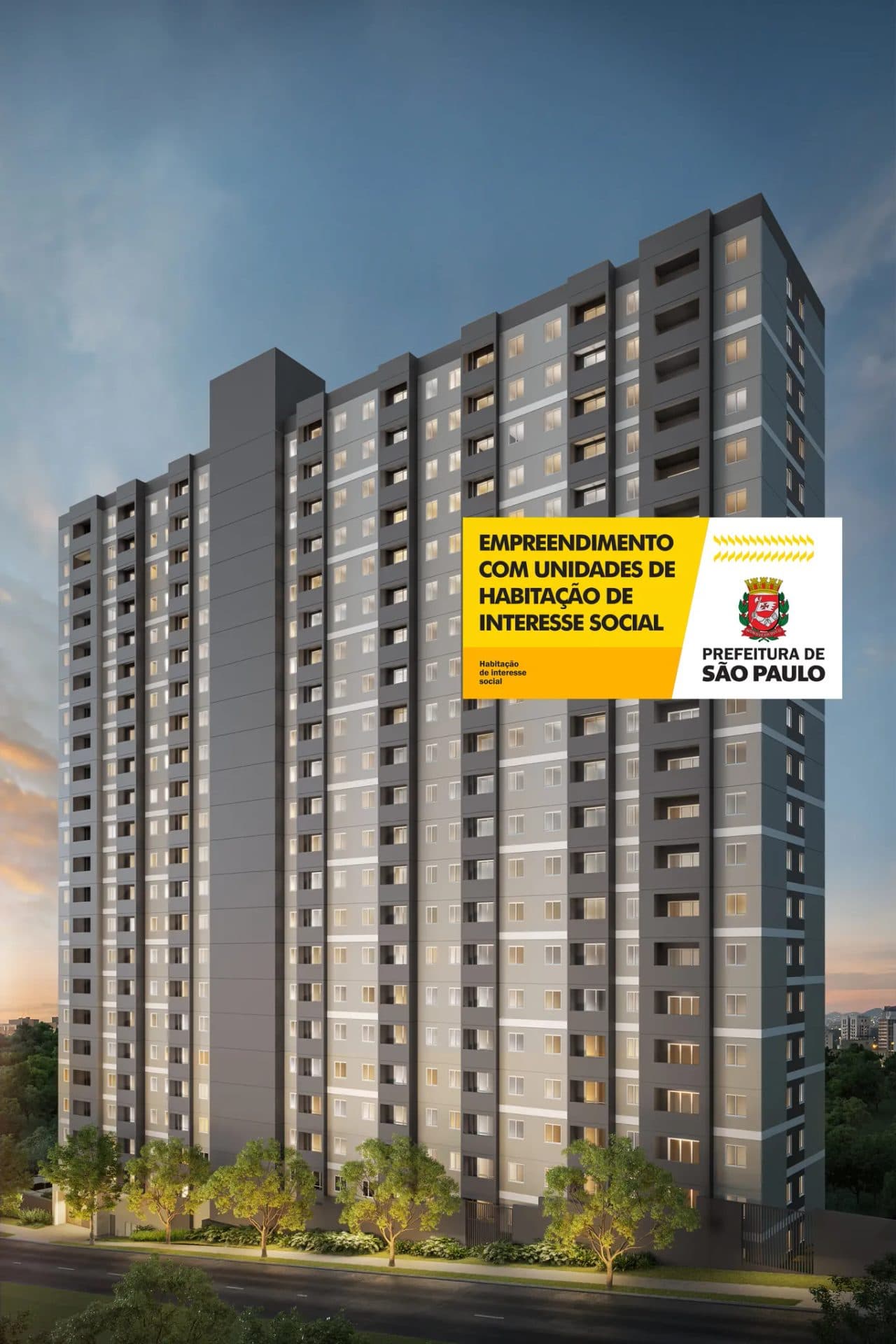 Vista externa de edifício residencial de muitos andares com pintura cinza e varandas.