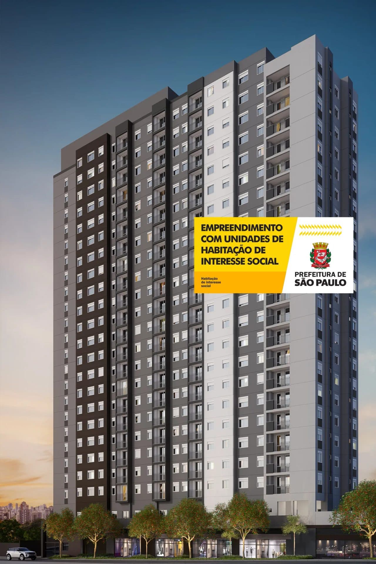 Fachada imponente do prédio residencial com muitas janelas e varandas.