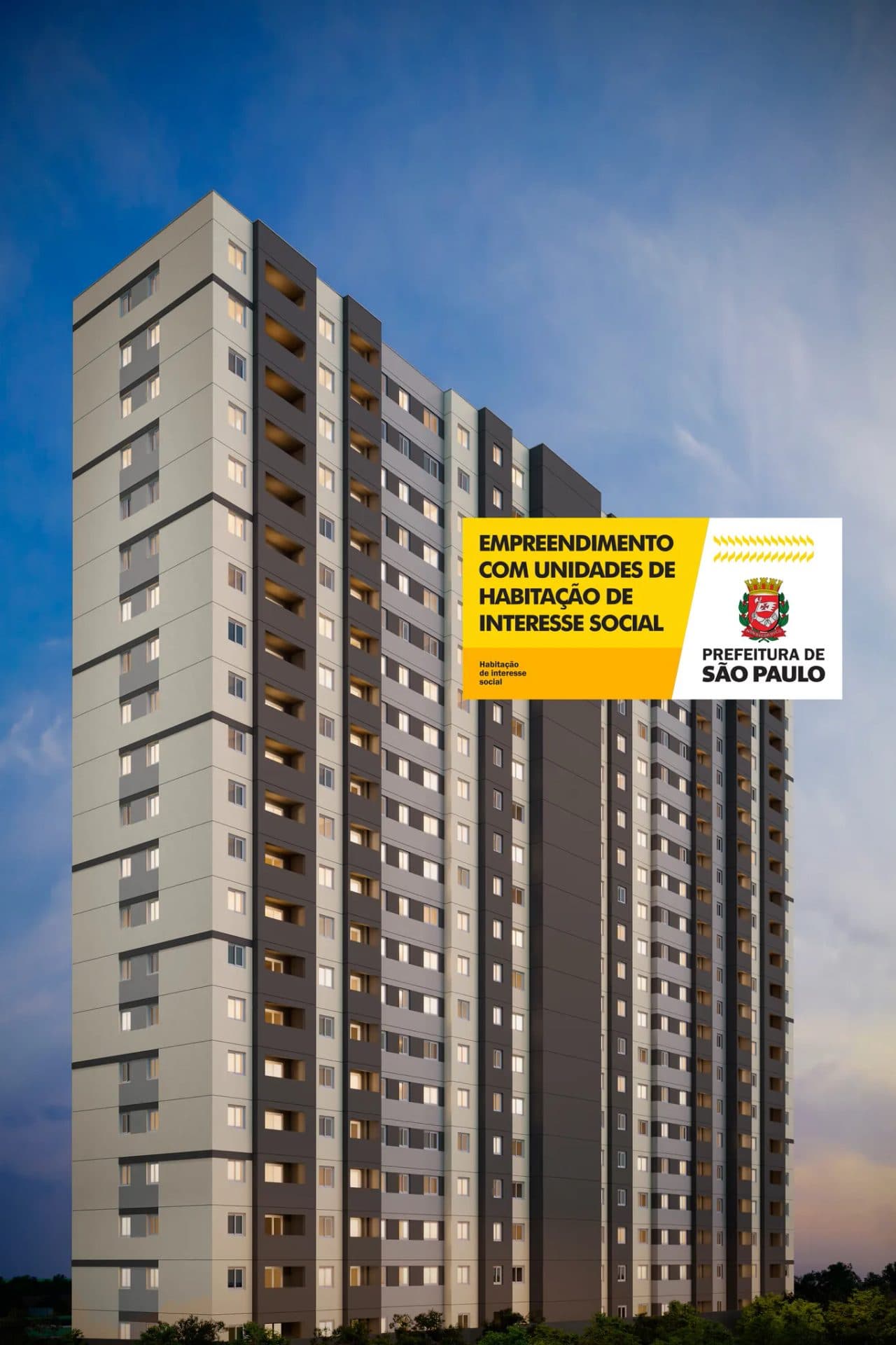 Vista externa completa da torre residencial alta com pintura em tons neutros