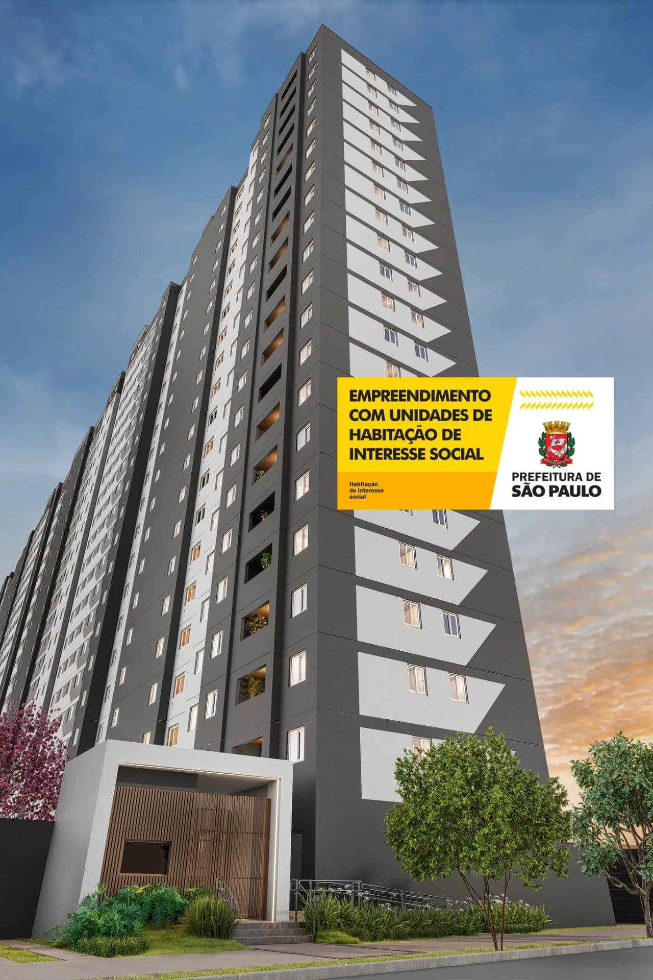 Vista externa da torre residencial com pintura em tons de cinza e branco.